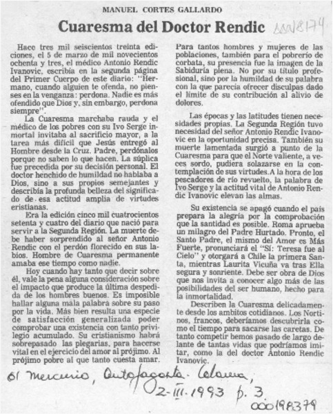 Cuaresma del doctor Rendic  [artículo] Manuel Cortés Gallardo.