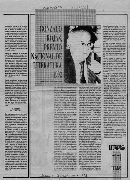 Gonzalo Rojas, Premio Nacional de Literatura 1992  [artículo] Oriel Alvarez Gómez.