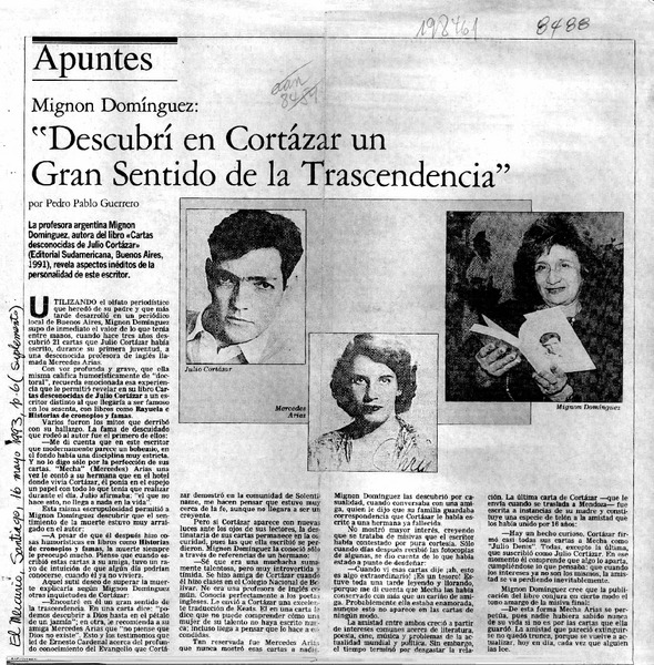 "Descubrí en Cortázar un gran sentido de la trascendencia"  [artículo] Pedro Pablo Guerrero.