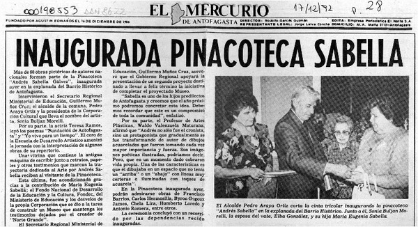 Inaugurada Pinacoteca Sabella  [artículo].