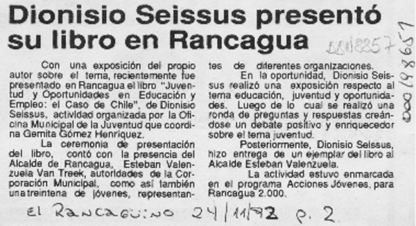 Dionisio Seissus presentó su libro en Rancagua  [artículo].