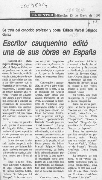 Escritor cauquenino editó una de sus obras en España  [artículo] Iván Gajardo Rodríguez.