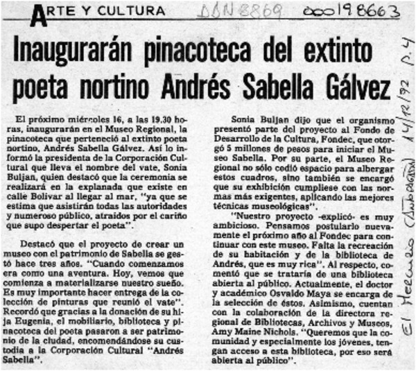 Inaugurarán pinacoteca del extinto poeta nortino Andrés Sabella Gálvez  [artículo].