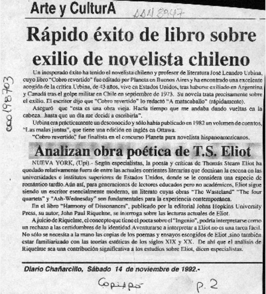 Rápido éxito de libro sobre exilio de novelista chileno  [artículo].