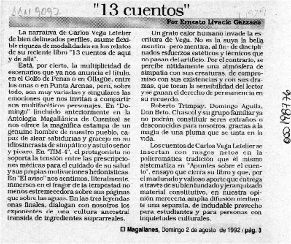 "13 cuentos"  [artículo] Ernesto Livacic Gazzano.