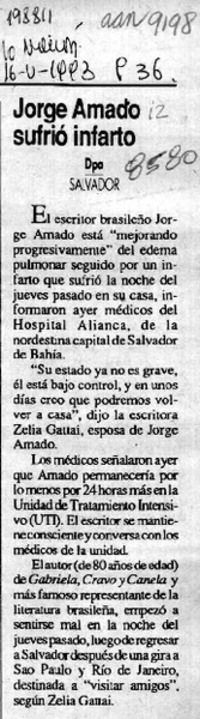 Jorge Amado sufrió infarto  [artículo].