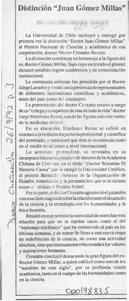 Distinción "Juan Gómez Millas"  [artículo].