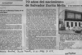 70 años del nacimiento de Salvador Zurita Mella  [artículo].