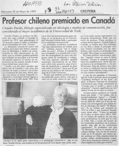 Profesor chileno premiado en Canadá  [artículo].