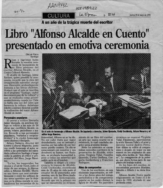 Libro "Alfonso Alcalde en cuento" presentado en emotiva ceremonia  [artículo] Oscar Vega.