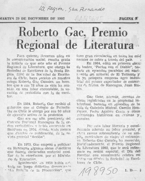 Roberto Gac, Premio Regional de Literatura  [artículo].