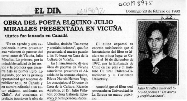 Obra del poeta elquino Julio MIralles presentada en Vicuña  [artículo].