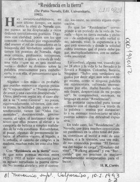 "Residencia en la tierra"  [artículo] H. R. Cortés.