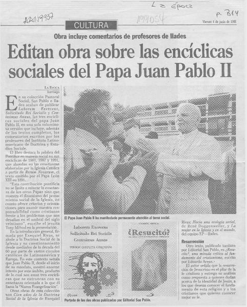 Editan obra sobre las encíclicas sociales del Papa Juan Pablo II  [artículo].