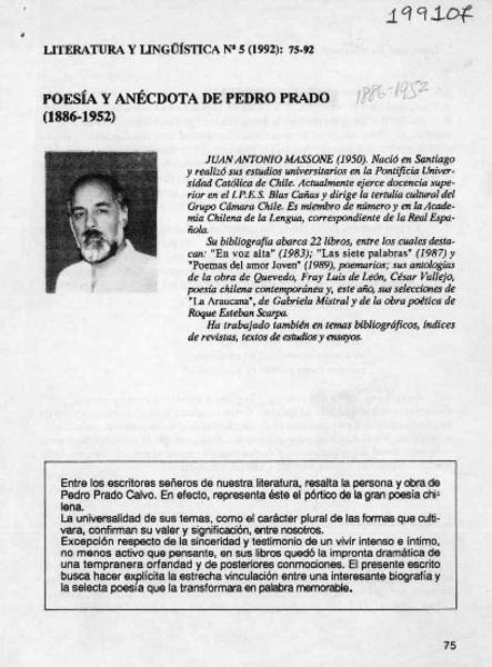 Poesía y anécdota de Pedro Prado (1886-1952)  [artículo] Juan Antonio Massone.