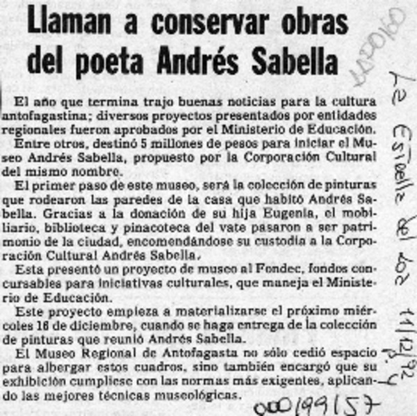 Llaman a conservar obras del poeta Andrés Sabella  [artículo].