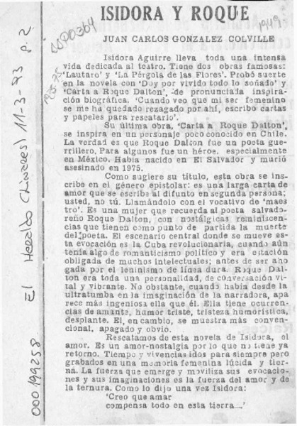 Isidora y Roque  [artículo] Juan Carlos González Colville.