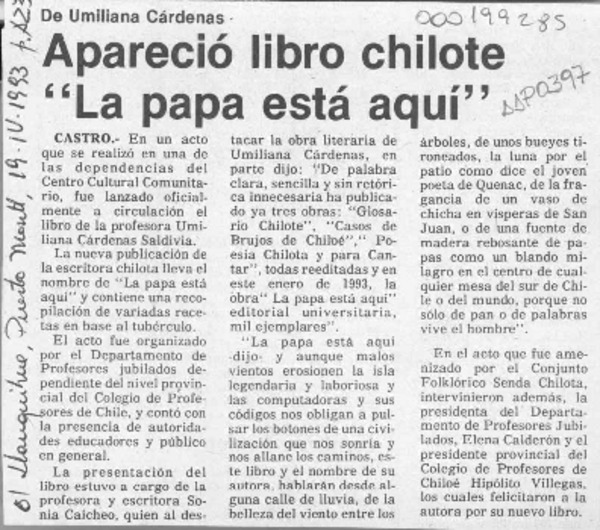 Apareció libro chilote "La papa está aquí"  [artículo].