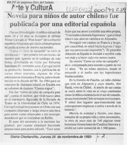 Novela para niños de autor chileno fue publicada por una editorial española  [artículo].