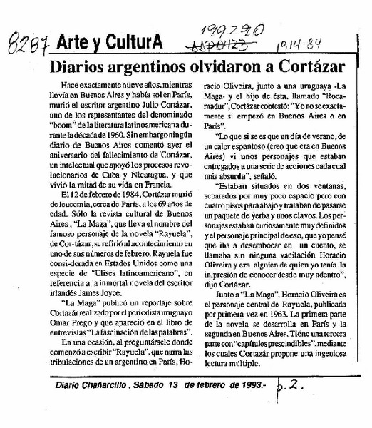 Diarios argentinos olvidaron a Cortázar  [artículo].