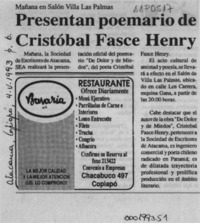 Presentan poemario de Cristóbal Fasce Henry  [artículo].