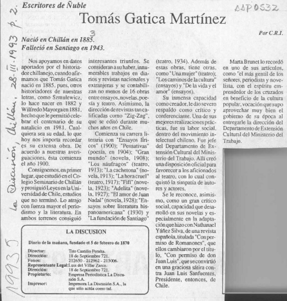 Tomás Gatica Martínez  [artículo] C. R. I.