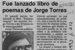 Fue lanzado libro de poemas de Jorge Torres  [artículo].