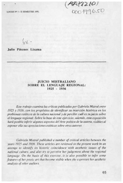 Juicio mistraliano sobre el lenguaje regional, 1925-1936  [artículo] Julio Piñones Lizama.