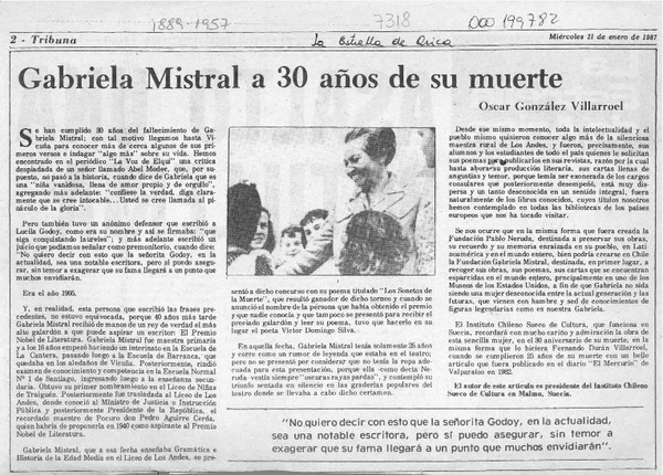 Gabriela Mistral a 30 años de su muerte  [artículo] Oscar González Villarroel.