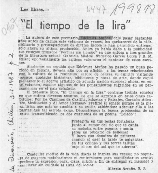 "El tiempo de la lira"  [artículo] Alberto Arraño.