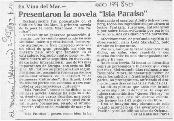 Presentaron la novela "Isla Paraíso"  [artículo] Carlos Kutscher Parra.
