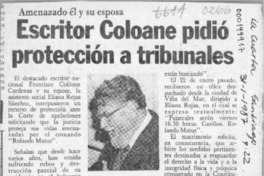 Escritor Coloane pidió protección a tribunales, amenazado él y su esposa  [artículo].