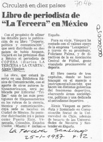 Libro de periodista de "La Tercera" en México  [artículo].