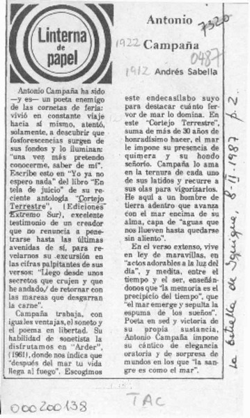 Antonio Campaña  [artículo] Andrés Sabella.