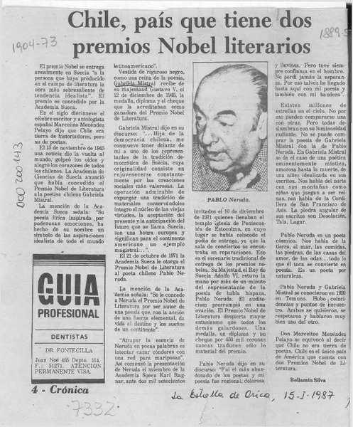 Chile, país que tiene dos premios Nobel literarios