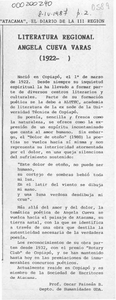 Literatura regional, Angela Cuevas Varas (1922- )  [artículo] Oscar Paineán Bustamante.