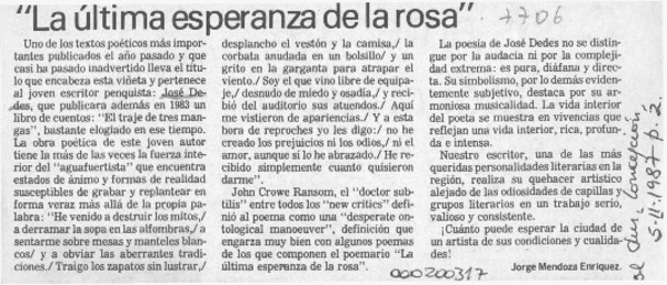 "La última esperanza de la rosa"  [artículo] Jorge Mendoza Enríquez.