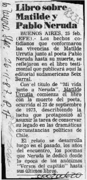 Libro sobre Matilde y Pablo Neruda  [artículo].