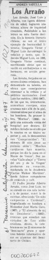 Los Arraño  [artículo] Andrés Sabella.