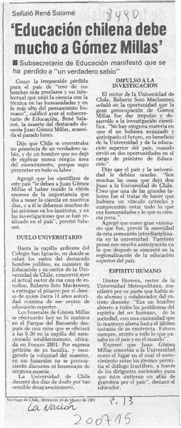 Señaló René Salamé, "Educación chilena debe mucho a Gómez Millas"  [artículo].