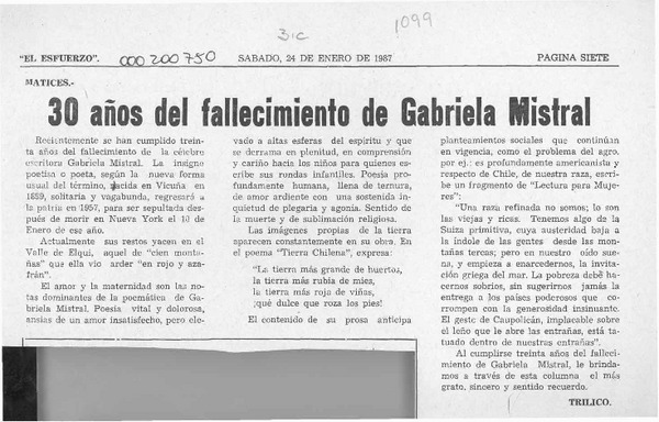30 años del fallecimiento de Gabriela Mistral  [artículo] Trilico.