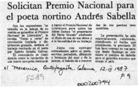 Solicitan premio nacional para el poeta nortino Andrés Sabella  [artículo].