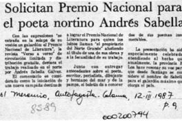Solicitan premio nacional para el poeta nortino Andrés Sabella  [artículo].
