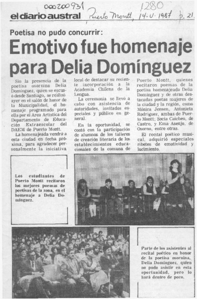 Emotivo fue homenaje para Delia Domínguez  [artículo].