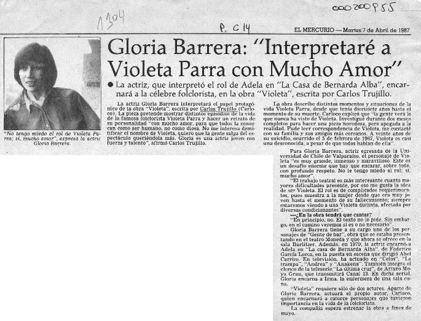 Gloria Barrera, "Interpretaré a Violeta Parra con mucho amor"  [artículo].