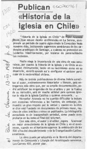 Publican "Historia de la Iglesia en Chile"  [artículo].