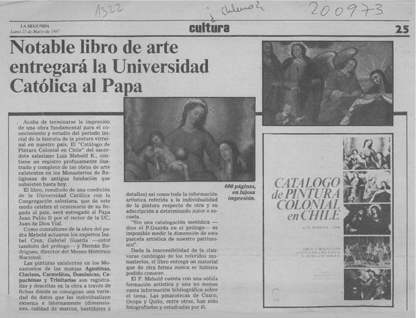 Notable libro de arte entregará la Universidad Católica al Papa  [artículo].