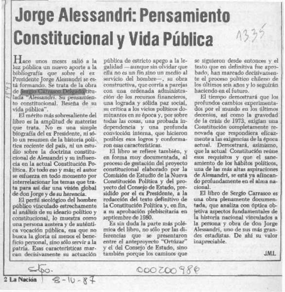 Jorge Alessandri, pensamiento constitucional y vida pública  [artículo] J. M. L.