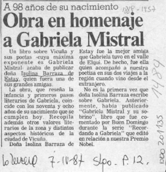 Obra en homenaje a Gabriela Mistral  [artículo].