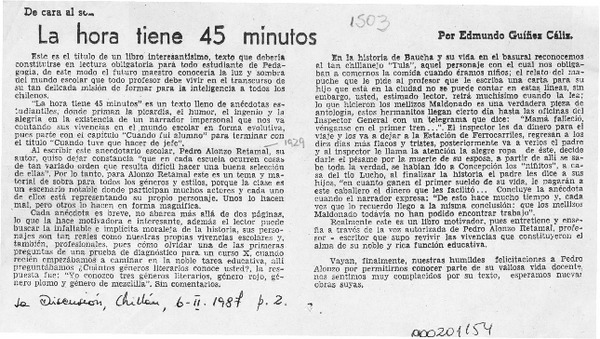 La hora tiene 45 minutos  [artículo] Edmundo Guiñez Cáliz.